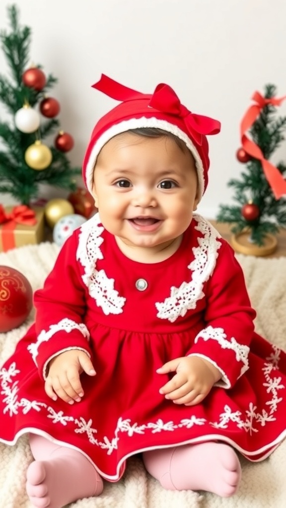 Adorable Christmas Dress for 6-Month-Old 6-month-old baby girl in a red Christmas dress with white accents, surrounded by holiday decorations.
